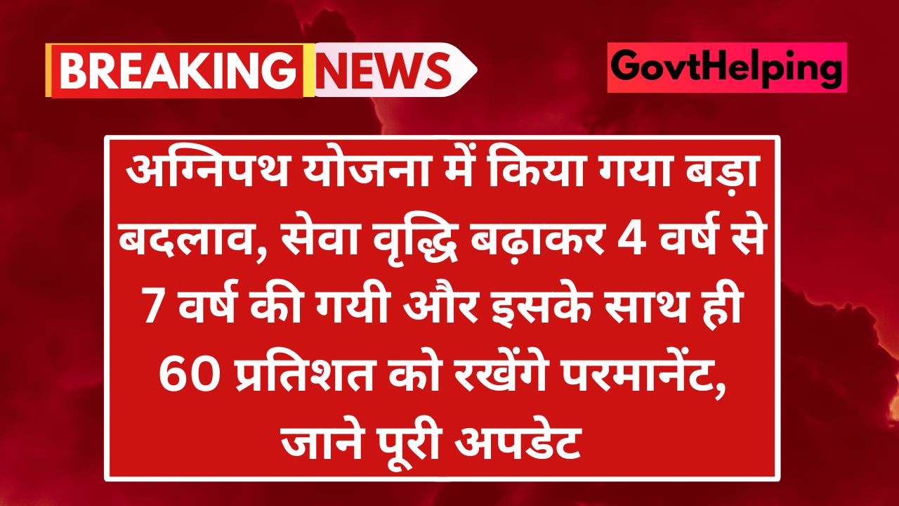 Aganipath Scheme News: अग्निपथ योजना में किया गया बदलाव, 60 प्रतिशत सैनिको को करेंगे परमानेंट तथा 40% के लिए 7 वर्षों तक नोकरी