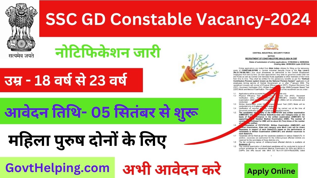 SSC GD Constable Vacancy 2024: एसएससी जीडी के लिए 50000+ पदों पर New भर्ती के लिए नोटिफिकेशन जारी, Good Opportunity