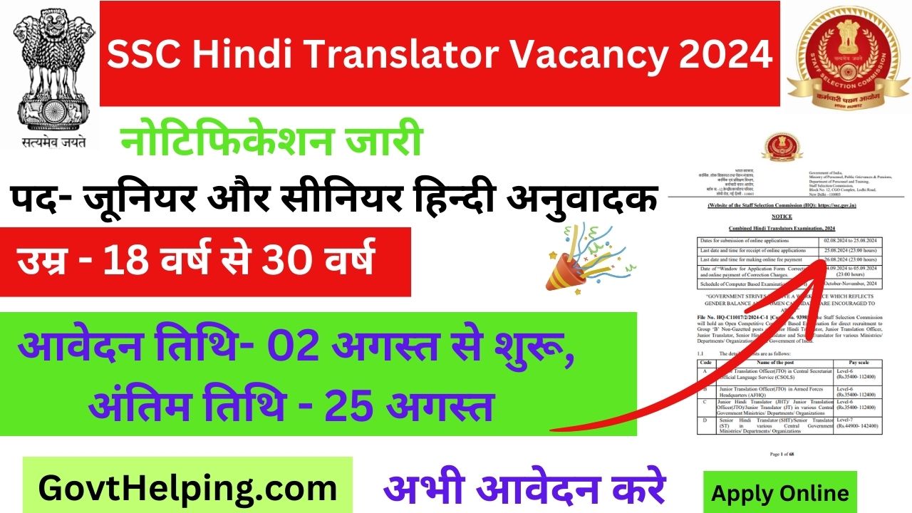 SSC Hindi Translator Vacancy 2024: एसएससी ने संयुक्त हिन्दी अनुवादक के बम्पर पदों पर New भर्ती निकाली है, आवेदन शुरू, Good Opportunity